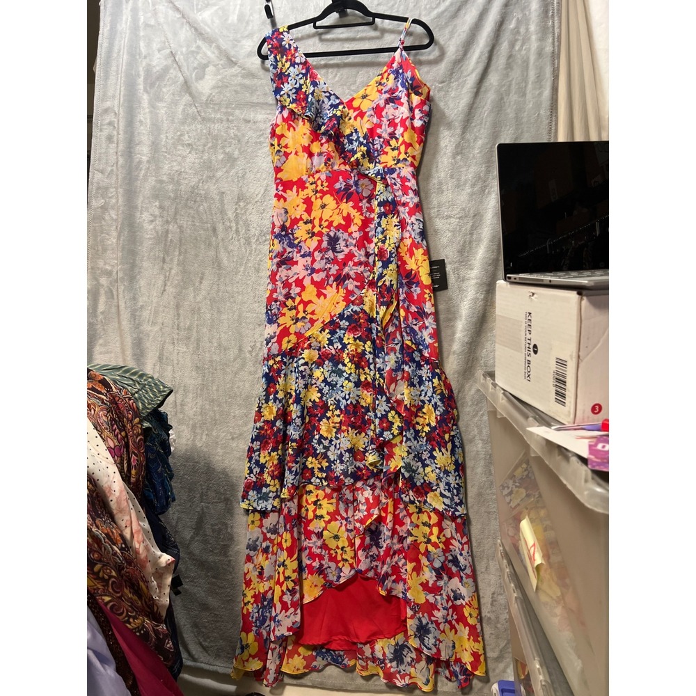 Lulus Maxi Dress Floral High-LowRuby Red Ruffle Cold Shoulder Medum - Picture 13 of 16